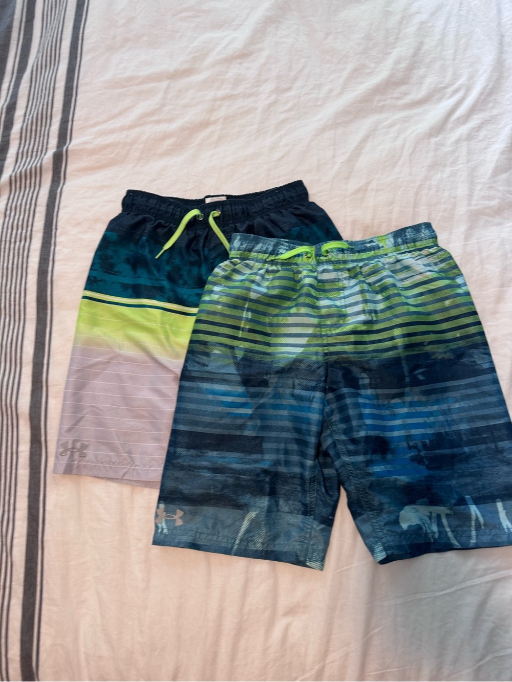 Under Armour Boys' Navy, Teal & Neon Green Striped Swim Trunks